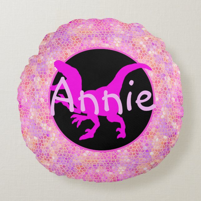 Personalized Pink Dinosaur Hide Round Pillow (Front)