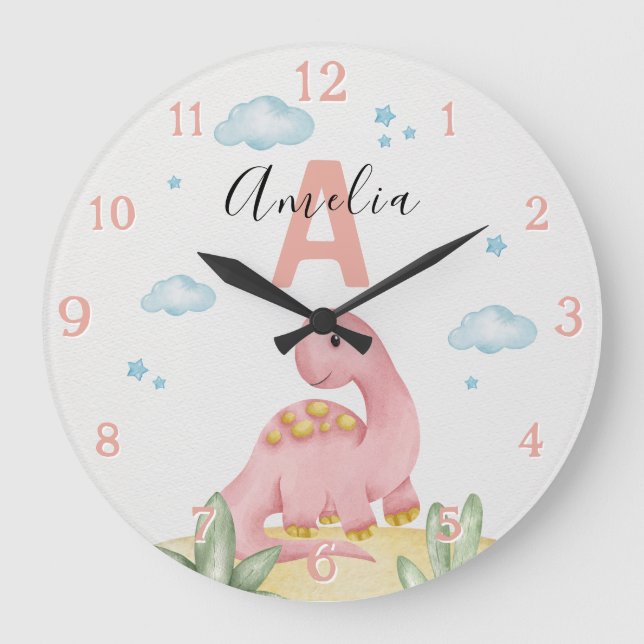 Personalized Pink Dinosaur Nursery Large Clock (Front)