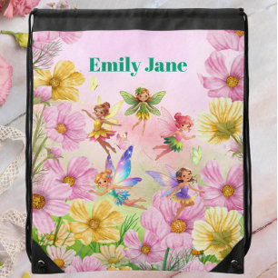 Personalized Pink Drawstring Kids Bag with Fairies