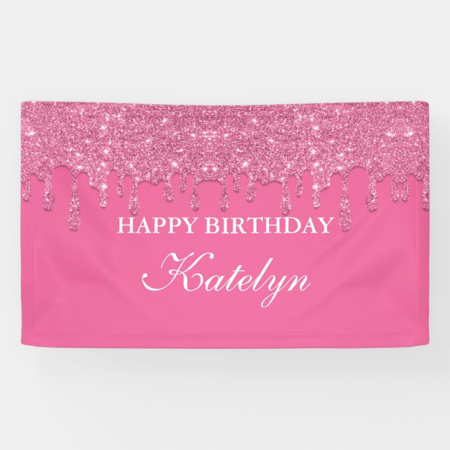 Personalized Pink Dripping Glitter Birthday Banner (Horizontal)