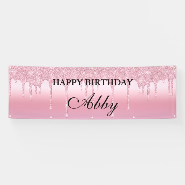 Personalized Pink Dripping Glitter Birthday Banner (Horizontal)