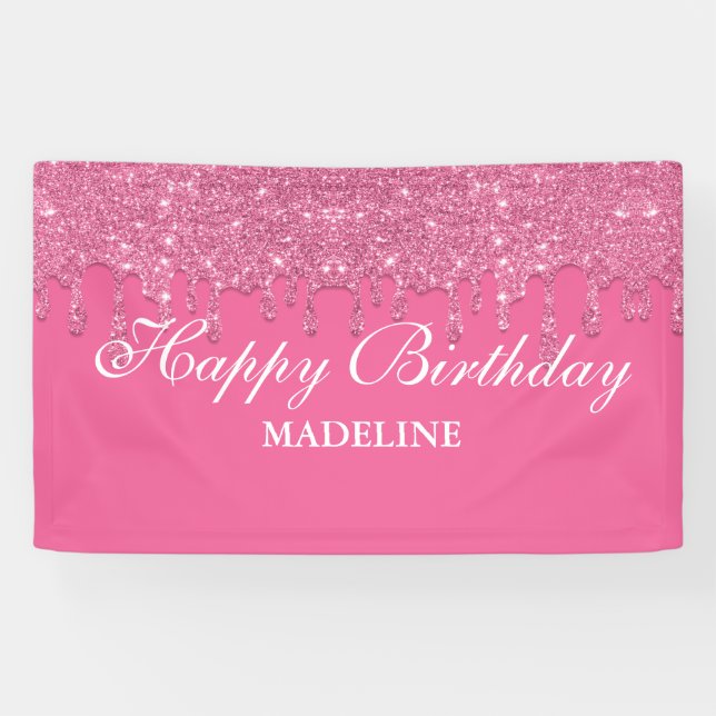 Personalized Pink Dripping Glitter Birthday Banner (Horizontal)