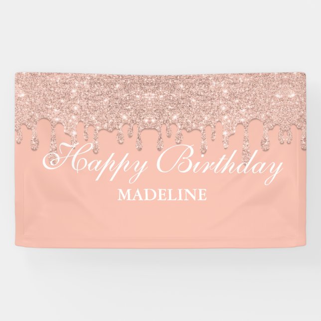 Personalized Pink Dripping Glitter Birthday Banner (Horizontal)