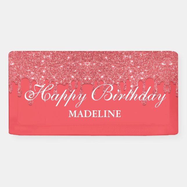 Personalized Pink Dripping Glitter Birthday Banner (Horizontal)