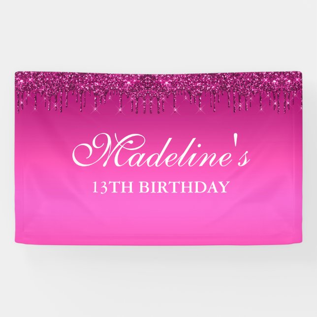Personalized Pink Dripping Glitter Birthday Banner (Horizontal)