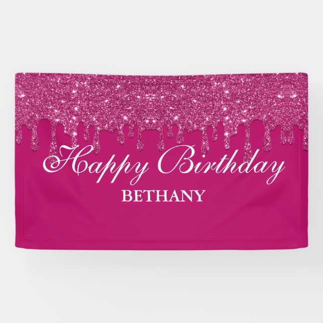 Personalized Pink Dripping Glitter Birthday Banner (Horizontal)