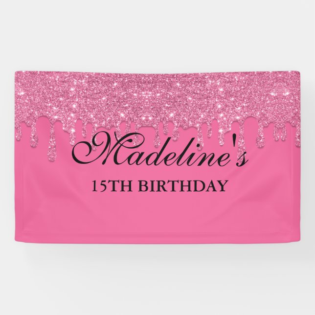 Personalized Pink Dripping Glitter Birthday Banner (Horizontal)