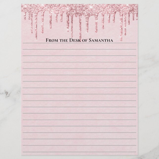Personalized Pink Dripping Glitter Trendy Lined   Letterhead (Front)