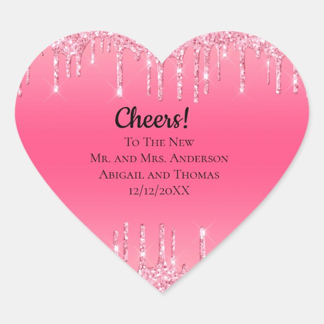 Personalized Pink Dripping Glitter Trendy Wedding  Heart Sticker (Front)