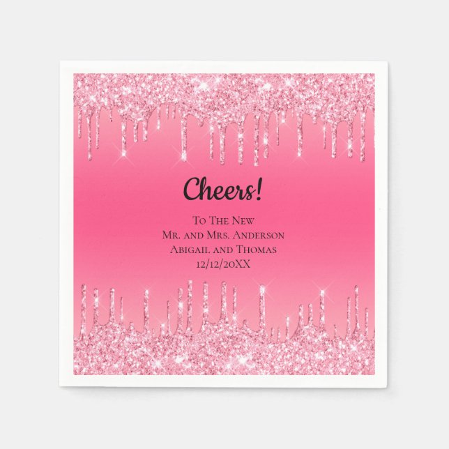 Personalized Pink Dripping Glitter Trendy Wedding  Napkins (Front)