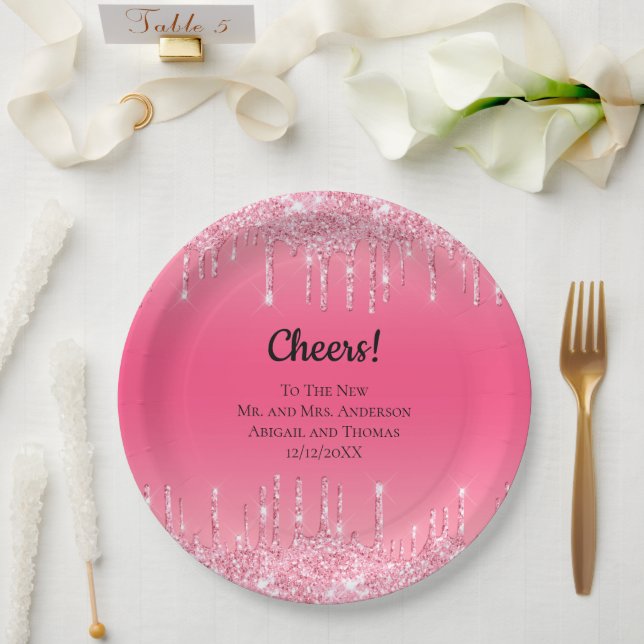 Personalized Pink Dripping Glitter Trendy Wedding  Paper Plates (Wedding)
