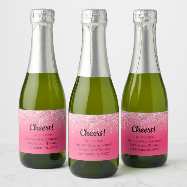 Personalized Pink Dripping Glitter Trendy Wedding  Sparkling Wine Label (Bottles)