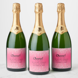 Personalized Pink Dripping Glitter Trendy Wedding Sparkling Wine Label