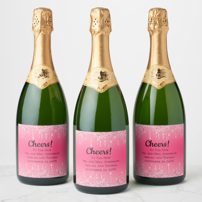 Personalized Pink Dripping Glitter Trendy Wedding  Sparkling Wine Label (Bottles)