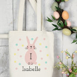 Personalized Pink Easter Bunny Polka Dots Tote Bag<br><div class="desc">Illustration of cute,  simple pink bunny rabbit with pastel colored polka dots. Add your Child's initial and name to personalize this tote,  perfect for egg hunts!</div>