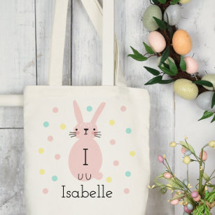 Personalized Pink Easter Bunny Polka Dots Tote Bag
