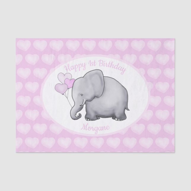 Personalized Pink Elephant 1st Birthday Nursery Tissue Paper (Front)