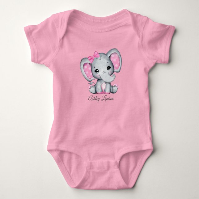 Personalized Pink Elephant Baby Bodysuit (Front)