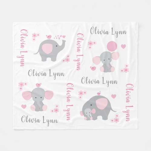 Personalized Pink Elephant Baby Girl Nursery Fleec Fleece Blanket