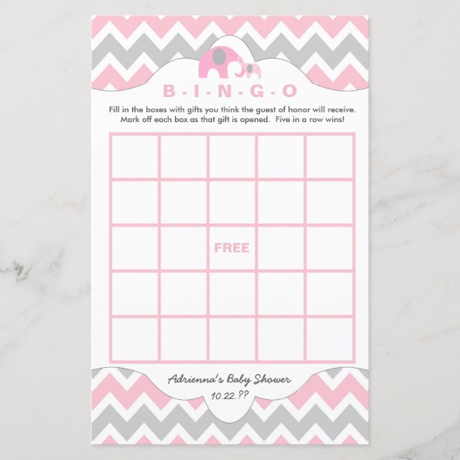 Personalized Pink elephant baby shower games bingo (Front)