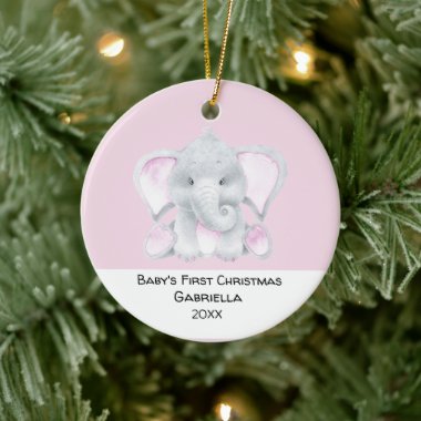 Personalized Pink Elephant Babys First Christmas Ceramic Ornament