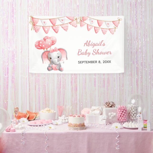 Personalized Pink Elephant Balloons Baby Shower Banner (Party)