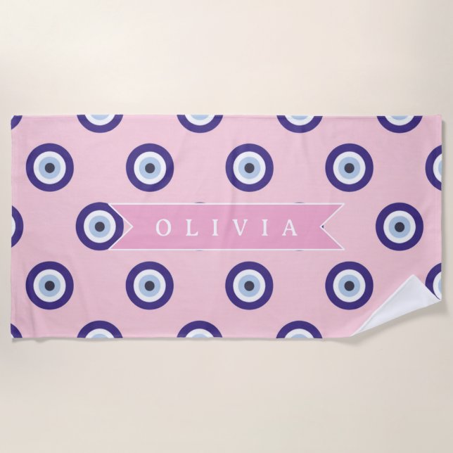 Personalized Pink Evil Eye Pattern Gifts With Name Beach Towel (Front)