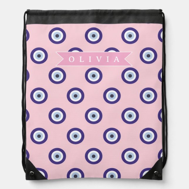 Personalized Pink Evil Eye Pattern Gifts With Name Drawstring Bag (Front)