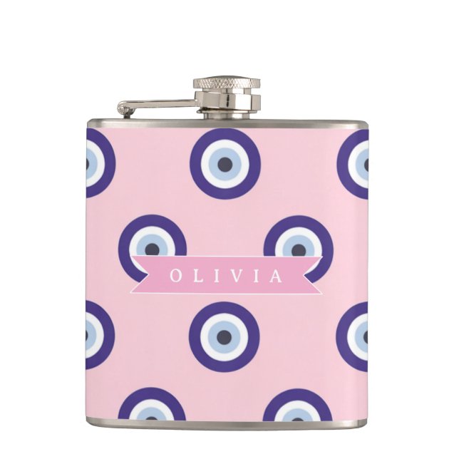 Personalized Pink Evil Eye Pattern Gifts With Name Flask (Front)