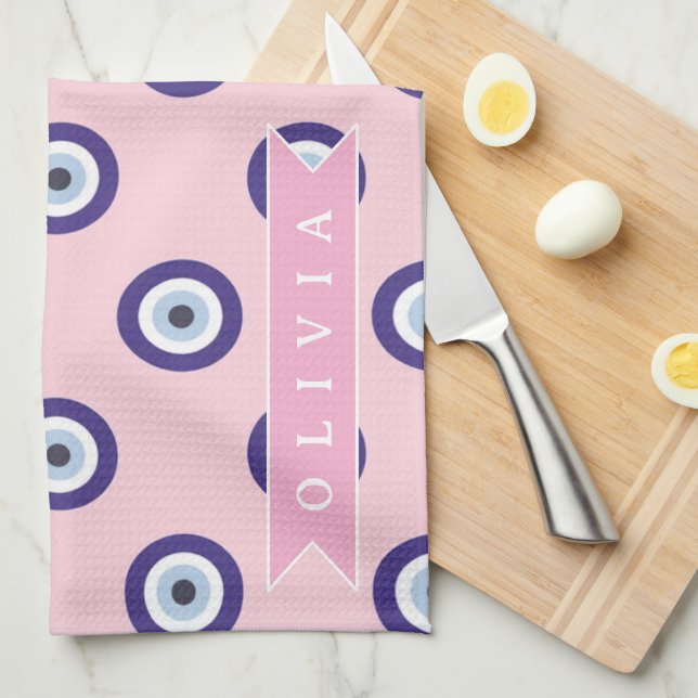 Personalized Pink Evil Eye Pattern Gifts With Name Kitchen Towel (Quarter Fold)