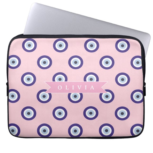 Personalized Pink Evil Eye Pattern Gifts With Name Laptop Sleeve (Front)