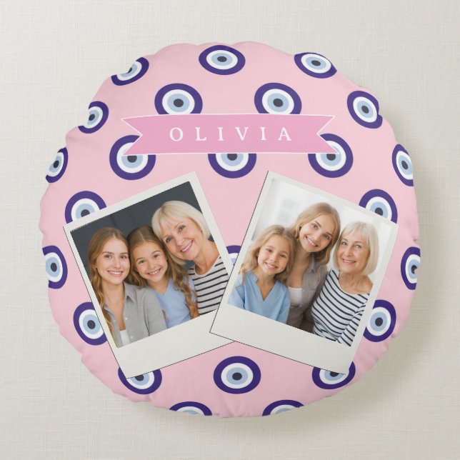 Personalized Pink Evil Eye Pattern Gifts With Name Round Pillow (Front)