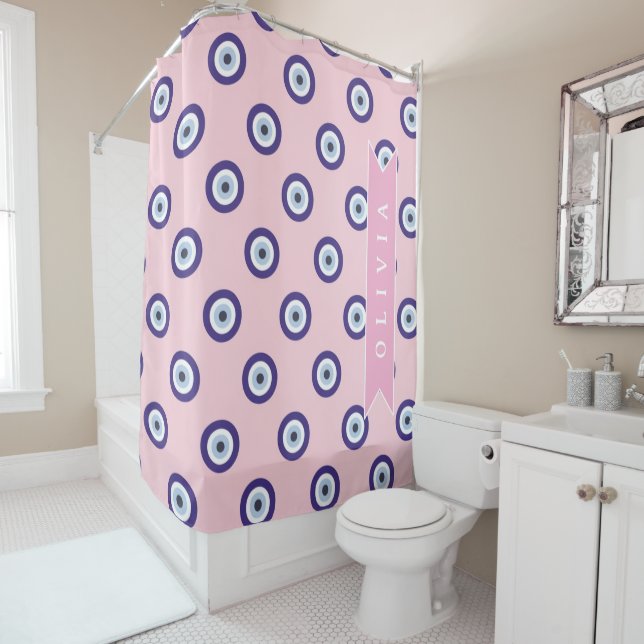 Personalized Pink Evil Eye Pattern Gifts With Name Shower Curtain (In Situ)