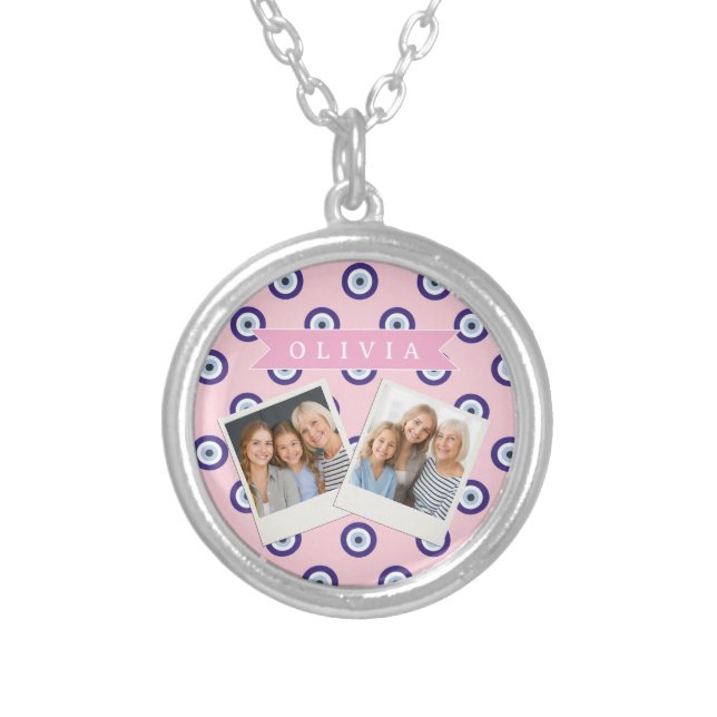 Personalized Pink Evil Eye Pattern Gifts With Name Silver Plated Necklace (Front)