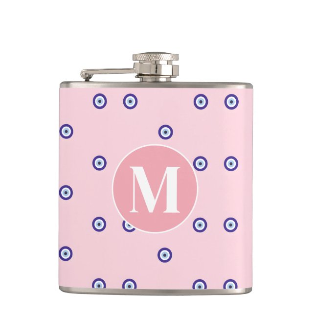 Personalized Pink Evil Eye Pattern Monogram Flask (Front)
