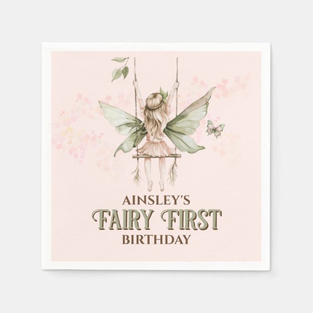 Personalized Pink Fairy First 1st Birthday Party Napkins (Front)