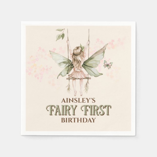 Personalized Pink Fairy First 1st Birthday Party Napkins (Front)