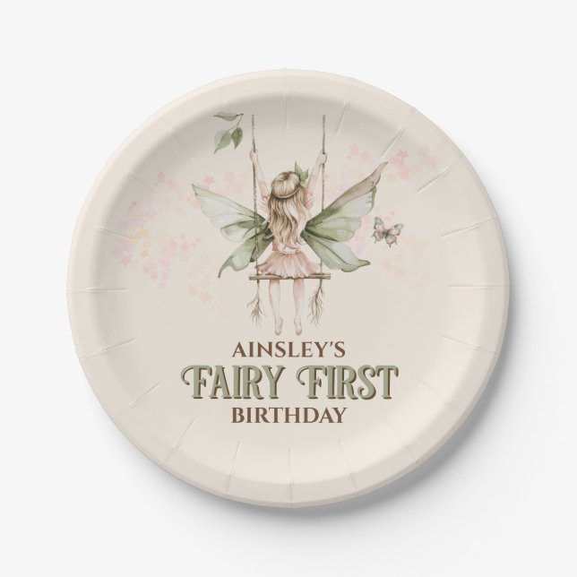 Personalized Pink Fairy First 1st Birthday Party Paper Plates (Front)