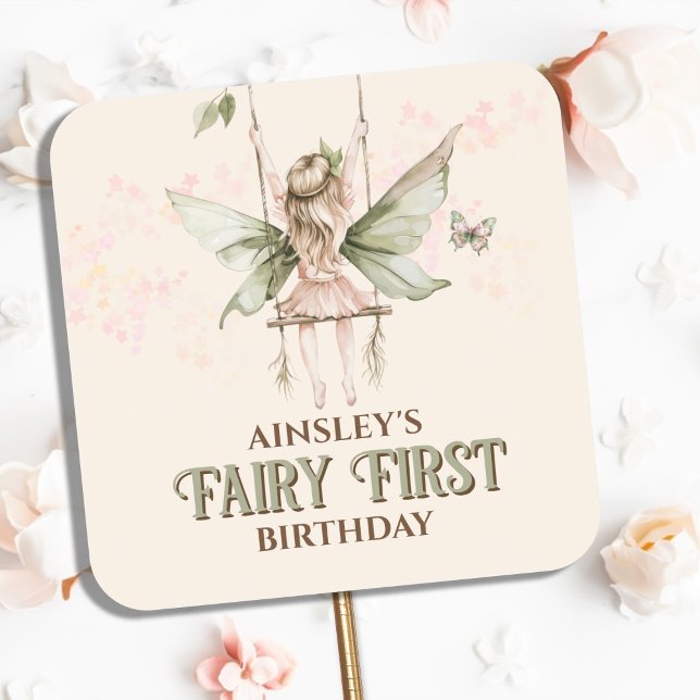 Personalized Pink Fairy First 1st Birthday Party Square Sticker (Creator Uploaded)