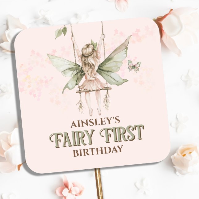 Personalized Pink Fairy First 1st Birthday Party Square Sticker (Creator Uploaded)