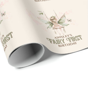 Personalized Pink Fairy First 1st Birthday Party Wrapping Paper