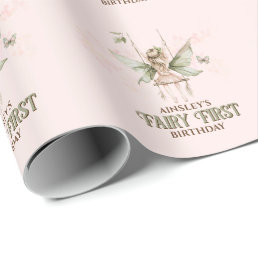 Personalized Pink Fairy First 1st Birthday Party Wrapping Paper