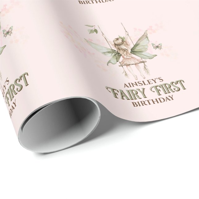 Personalized Pink Fairy First 1st Birthday Party Wrapping Paper (Roll Corner)