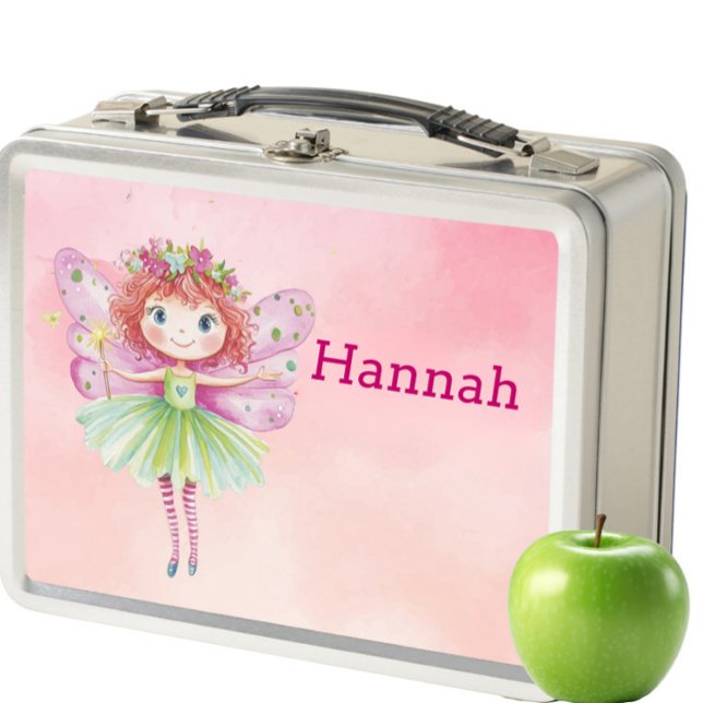 Personalized Pink Fairy Kids Metal Lunch Box (Personalized Fairy Lunch Box for Kids – Cute Pink Magical Lunchbox with Name, Whimsical School Snac)