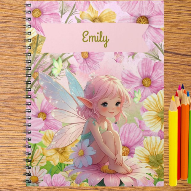 Personalized Pink Fairy Write & Draw Story Journal (Personalized Pretty Pink Fairy and Flowers Journal – Custom Name Notebook for Girls)