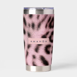 Personalized Pink Faux Fur Leopard Print Insulated Tumbler
