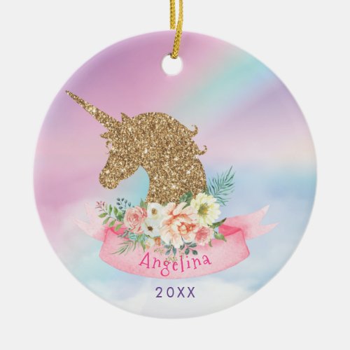 Personalized Pink  Faux Gold Glitter Unicorn Ceramic Ornament