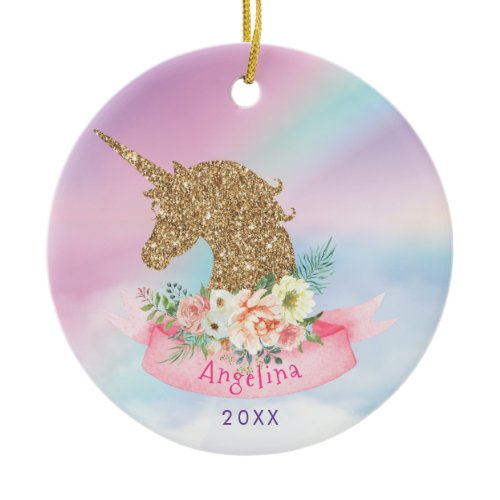 Personalized Pink &amp; Faux Gold Glitter Unicorn Ceramic Ornament