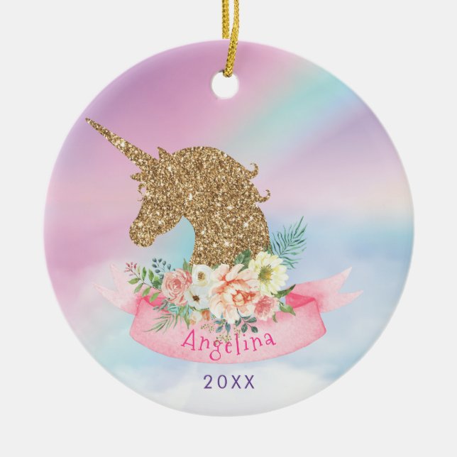 Personalized Pink & Faux Gold Glitter Unicorn Ceramic Ornament (Front)