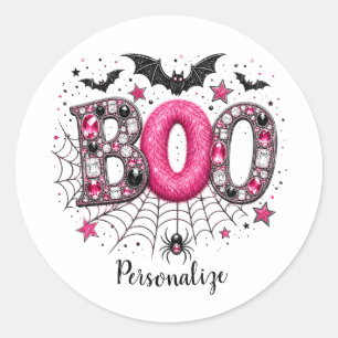 Personalized Pink Faux Jewel Boo Spooky Halloween Classic Round Sticker